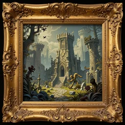 illustration a intrincate engraved wood frame absurdly ornated gold facing view fantasy and hearthstone style, dungeons & dragons