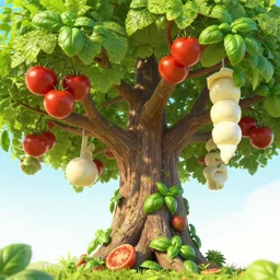 mythical tree where pizza ingredients grow, tomatoes hanging on branches, mozzarella hanging from branches, basil leaves instead of leaves, highly detailed 3 d render, bright colors, pixar render