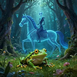 the horror in the woods, the world’s greatest drawing of a frog, 4000 meters above the bottom of the ocean, cinematic, hyper realism, high detail, octane render, unreal engine, 8k, vibrant color!, Corpse Bridegroom of the Spring, the gleaming guardian of the meadow!!!, A synthwave horse inspired by Tron!, by dom qwek and andrea chiampo