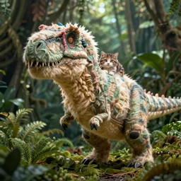 photo realism, cat sitting on very fluffy tyrannosaurus rex, jungle background, 4 k, detailed