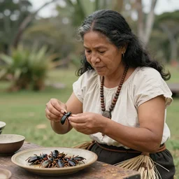 a maori woman prepares weta bugs for eating outside her whare in the 1 9 4 0's.