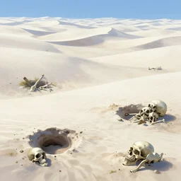 Bone desert. White sand dunes. Human and animal bones, sinkholes, anime, a fantasy digital painting by Greg Rutkowski and James Gurney, trending on Artstation, highly detailed