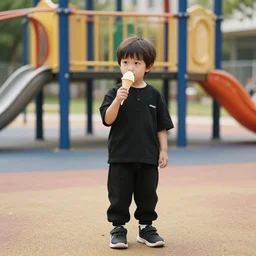 boy with ice cream in the playground, black clothes, leyendecker style, away from the camera s - 2 0