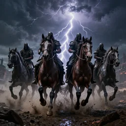 a dramatic 85mm cinematic shot of the 4 horseman of the Apocalypse riding through storm and chaos, dramatic lightning, dark, filthy, mud, horror, trending artstation, octane render, 8k,