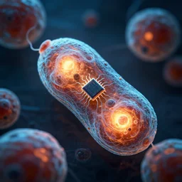 microscopic image of organic cells with glowing microchips inside, artistic, contrast, dramatic lighting, intricate details, vivid colors