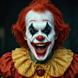 photo of a scary clown screaming at the camera
