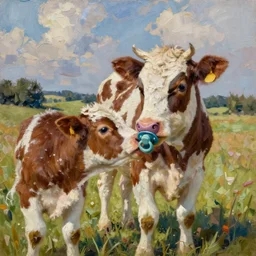 impasto oil painting, adorable cow calf that is sucking on a big pacifier, in an idyllic pasture, rough brushwork, hand - made art, cottagecore, readability, extremely detailed, rustic, sharp focus, art by brothers hildebrandt