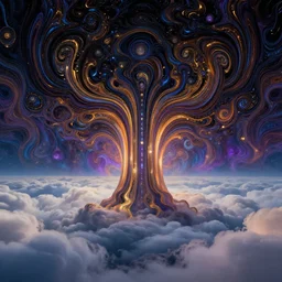psychdelic dreamworld in the clouds, surrealist and abstract digital art trending on artstation by artist Rob Gonsalves and Mark Riddick supreme peace immense knowledge black blue gold orange purple dmt art