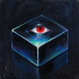 a rough oil painting pen light of a black iridescent box with an scarlet eye, vivid, painterly, ethereal, chiaroscuro, thick brushstrokes, ominous by alberto burri, tachisme, blue, black, iridescence colors, iridescent neon, gradient iridescence colors