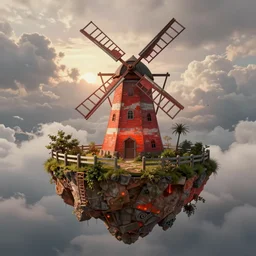 A floating island in the sky with fences and bushes on the edge of the island with a windmill, the windmill has worn looking red and white horizontal stripes, the background is cloudy with the sun peaking through, an orange red light highlights the back of the island and windmill, realistic, 4k resolution, 8k resolution, HD Quality, highly detailed, very detailed, detailed, digital art, trending on artstation, in the style of Jamie Hewlett