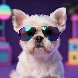 synthwave, retrowave, cute dog wearing aviator reflective sunglasses, perfection