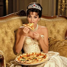 burlesque photo of sophia loren, young beautiful, draped in relaxed pose on antique luxury sofa, holding pizza, eating pizza, enjoying pizza, intricate ornamented tiara, opulent pearl necklace, laced dress, golden lighting, golden ratio, sharp focus, masterpiece, extremely coherent