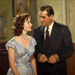 an oil painting from a scene containing cary grant and kate hepburn in ‘ the philadelphia story. ’
