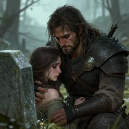 a depressed warrior cries at his wife's tomb, badass, rugged, tears, messy hair, beard, sadness, fantasy, extremely detailed, smooth, sharp focus, digital illustration, by rossdraws, artgerm, franzzeta