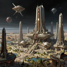 a space fantasy city of archologies concept art in the style of ralph mcquarrie / syd mead / john berkey detailed hd 8 k high resolution