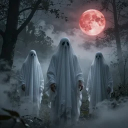 ghosts haunting me in the foggy forest, death, clouds, red bloody moon, 8k, ultra realistic
