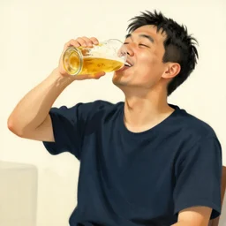 a man happily drinks beer, art created by Kimitake Yoshioka.