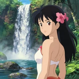 an epic makoto shinkai and renoir landscape with a hawaiian waterfall, 🌺, a beautiful woman, ultra smooth, octane render