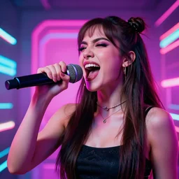 beautiful blasian woman holding microphone and yelling, hip hop vaporwave, abstract background, neon, photo, detailed, 4k