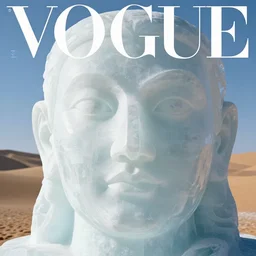 close up of face of a ice sculpture, in desert, official vogue editorial, highly detailed