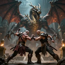 Closeup macro view of conan the Barbarian fighting a very very huge  massive giant fantasy one headed Chinese dragon with wings in an aztec temple at night, in the style of greg rutkowski, illustration, epic, fantasy, intricate, hyper detailed, artstation, concept art, rim lighting, elder scrolls, unreal, smooth, sharp focus, ray tracing