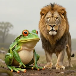 frog and lion, fantasy, highly detailed, 4 k, hdr, smooth, sharp focus, high resolution, award - winning photo, artgerm, photorealistic