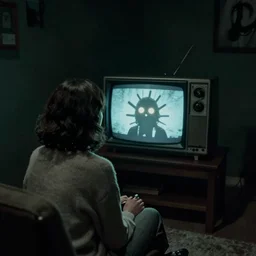 woman watching tv screens old television poltergeist room, creepy, 8 mm, found footage