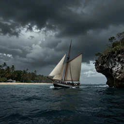 color photo of a 1 9 2 5 seiner sailing with the jamaican shoreline with the mouth of a sea cave at the waterline, dark, brooding, atmospheric, seascape, lovecraft, horror, smooth, epic, highly detailed, cinematic