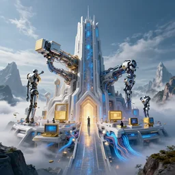 cult of technology, exterior of scifi temple, machines, robots, ultra realistic, golden computers, blue, white, highly detailed, mountains, clouds, atmosphere, masterpiece, epic lighting, glowing wires, mysterious, illuminated, 4 k, cinematic, art by patryk olkiewicz and chris ostrowski and liang yao