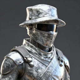 3 d octane rendering of marble and chrome statue of ninja wearing full face mask and hunter hat, technological, octane render