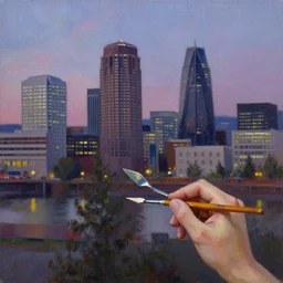 palette knife oil painting of downtown portland at dusk