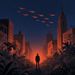 city overgrown with nature, lone man+school of fish flying in the sky, Mads Berg, Karolis Strautniekas, film noir, stippled light, dramatic lighting,editorial illustration, detailed,fine texture, matte print, art deco, brutalism, dark blue + dark orange, red, black, ((habitat 67 background))