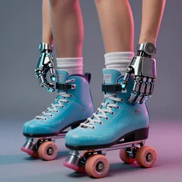 beauty woman Rollerblading, 80s style, very detailed, laser lighting, detailed mechanical hands, electrical  details, high details, 4k, 8k, trending on artstation, by Hajime Sorayama and Boris Vallejo