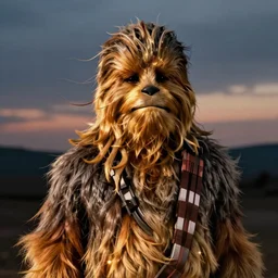 photographic portrait of chewbacca with a comb-over blowing in the wind, trying to disguise his balding head, cinematic photography, 35mm, evening light