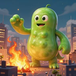 giant bean monster attacking city with fire