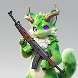 photo anthropomorphic cat fursona, green fur, purple eyes, large horns, holding an ak 4 7 gun, 8 k