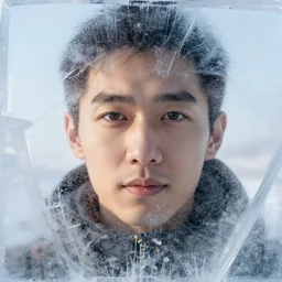 see through clear sheet of ice in front of man face behind ice