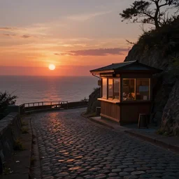 epic professional digital art of a lonely cobblestone street with a kiosk on a cliff over the sea at sunset, dramatic lighting, cinematic, establishing shot, extremly high detail, photo realistic, cinematic lighting, post processed, concept art, artstation, matte painting, style by Kentaro Miura