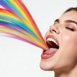 incredible realistic vivid studio portrait, a huge glitter rainbow erupts from the mouth of the model, in the style of annie leibovitz, 8 k resolution, vsco film