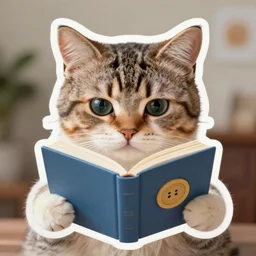 close up of 1 nostalgic cute cat reading book, button design, concept art, symmetrical, sticker vinyl decal, artgerm, trending on artstation