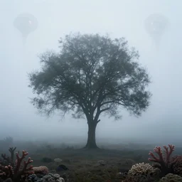 lonely tree, lone tree, single tree, surreal, mindscape, dreamscape, magical tree, sad, lonely, mist, fog, smog, light dispersion, subtle ghostly patterns, floating alien entities, corals, coral reef