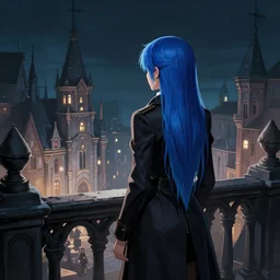 the backside of a long blue - haired girl in a tailcoat overlooking piltover, noir, screenshot, sharp focus, intricate, illustration, cell shaded, digital painting, highly detailed, art by ilya kuvshinov, wlop, greg rutkowski, studio quality, james jean
