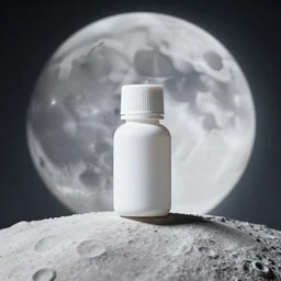symmetrical photo of small white plastic bottle standing in moon, products shot