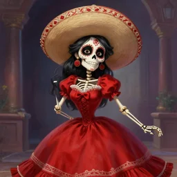 cute & beautiful smiling mexican undead skeleton girl wearing a sombrero and a wide red dress, elegant, digital art, fantasy, pixar style, painting, pin up, highly detailed, artstation, art by artgerm, john la farge and boris vallejo