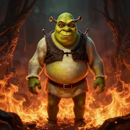 shrek in hell, ominous, horror, flames, fire
