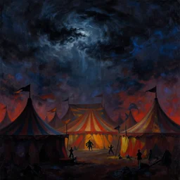 beautiful painting silhouette of dark colorfull evil circus tents, dark stormy dramatic sky, Moebius, frank frazetta, james gurney, thomas kinkade, rodney mathews, beeple, trending on artstation
