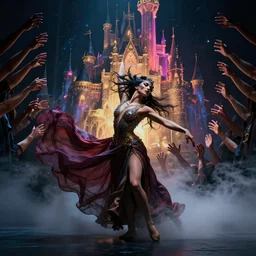 a photorealistic dramatic hyperrealistic glamorous beautiful female dancer by ken brower and deborah ory of nyc dance project, surrealistic, lois greenfield, lord of the rings, neon, castle, thousand hands, flowing cloth and smoke, beautiful dynamic dramatic moody lighting, beautiful intricate face, volumetric, shadows, artgerm, alphonse mucha, greg rutkowsky, cinematic atmosphere, octane render, 8 k