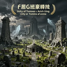 a city of tombs and tombstones, graveyard landscape, inhabited by flying spirits, ghostly spirits, giant grave structures, giant tomb structures, dark fantasy, digital art, fantasy art