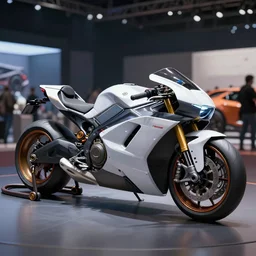Product shot of a Mass effect futuristic tron motorcycle designed by Lamborghini sitting in a car show at a convention, hard surface modeling, octane, craig mulllins, trending on artstation, 3d model, 8k