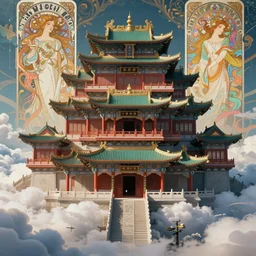 dreamland of chinese ancient architecture in clouds from chinese myth, fantastic colors, ancient japanese, gothic diablo art, rococo art, cyberpunk, art by anthony macbain + greg rutkowski + alphonse mucha, concept art, 4 k, sharp focus